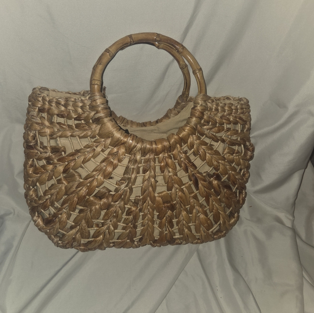 Elegant Woven Tan Bamboo Handbag